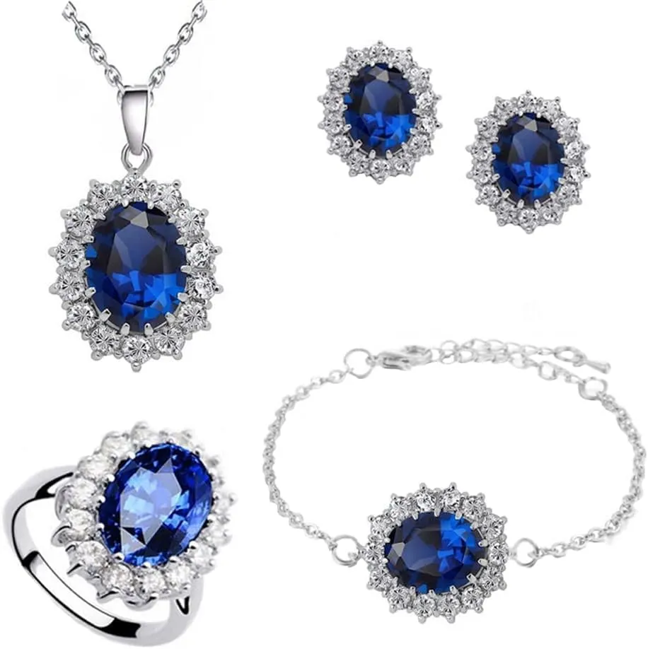 TOFBS Set di Gioielli con Zirconi Cubici per Donna e Ragazze, Collana, Orecchini, Bracciale e Anello, Blu Reale - immagine 1