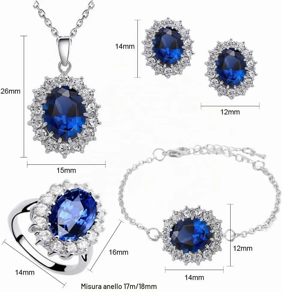 TOFBS Set di Gioielli con Zirconi Cubici per Donna e Ragazze, Collana, Orecchini, Bracciale e Anello, Blu Reale - immagine 4