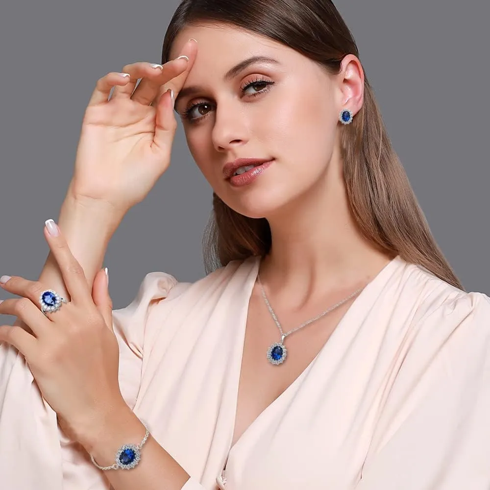 TOFBS Set di Gioielli con Zirconi Cubici per Donna e Ragazze, Collana, Orecchini, Bracciale e Anello, Blu Reale - immagine 7
