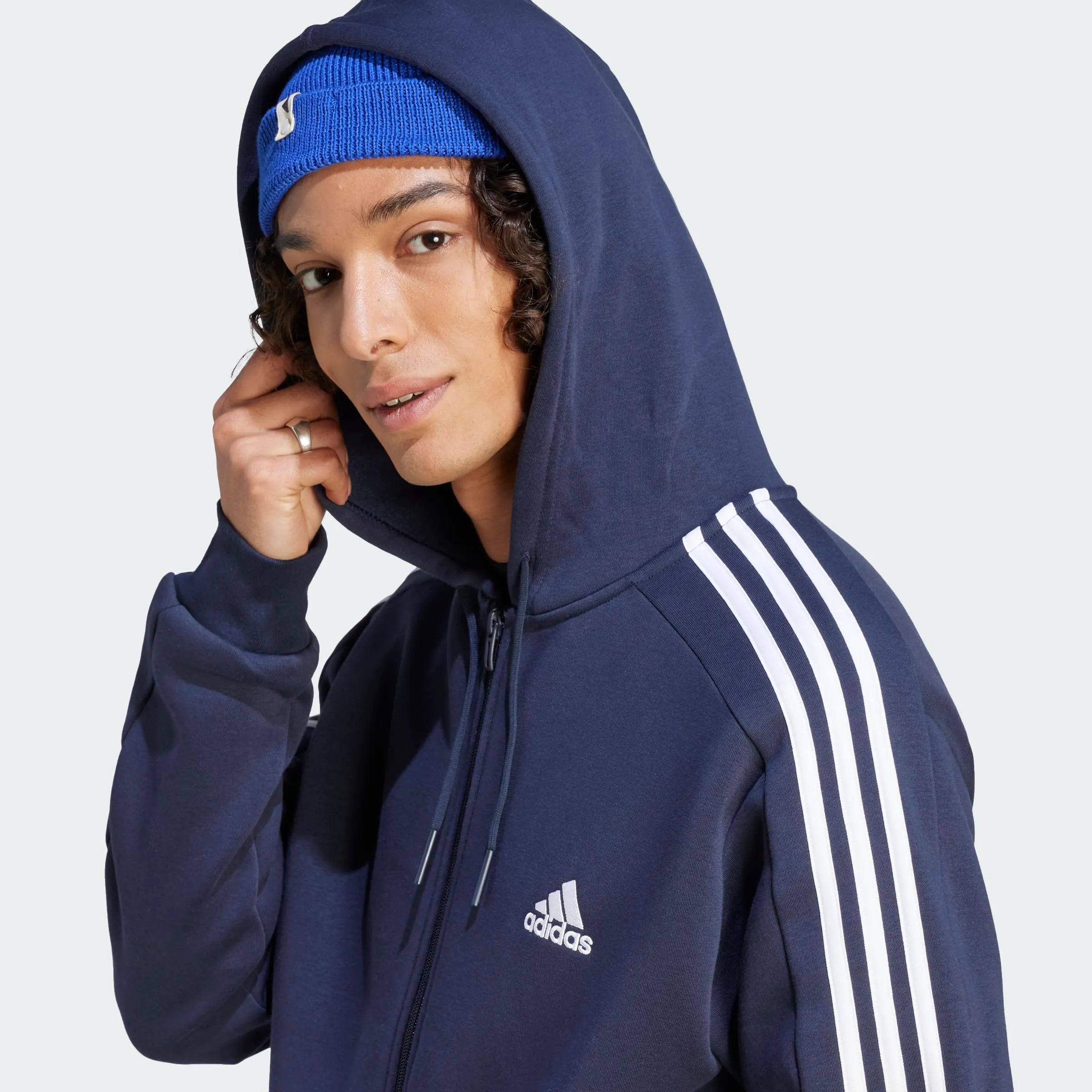 Adidas Essentials Felpa con Cappuccio in Pile con 3 Strisce e Cerniera Intera, Inchiostro, XS - immagine 2