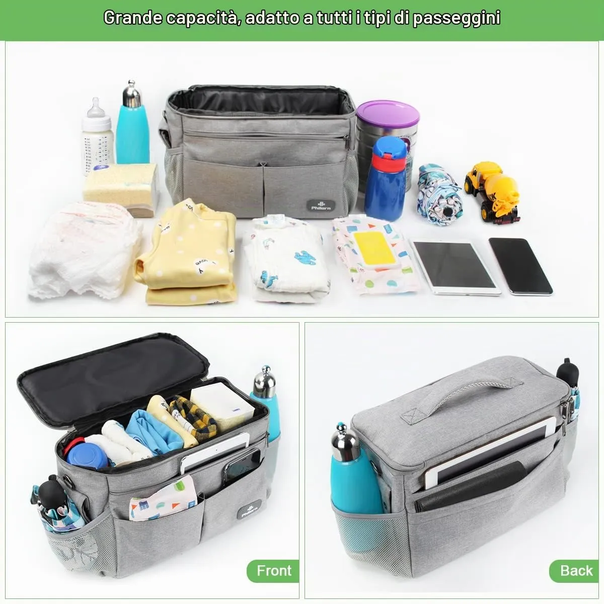 PHILORN Borsa Organizzatore per Passeggino con Portabicchieri Isolati e Tracolla - immagine 2
