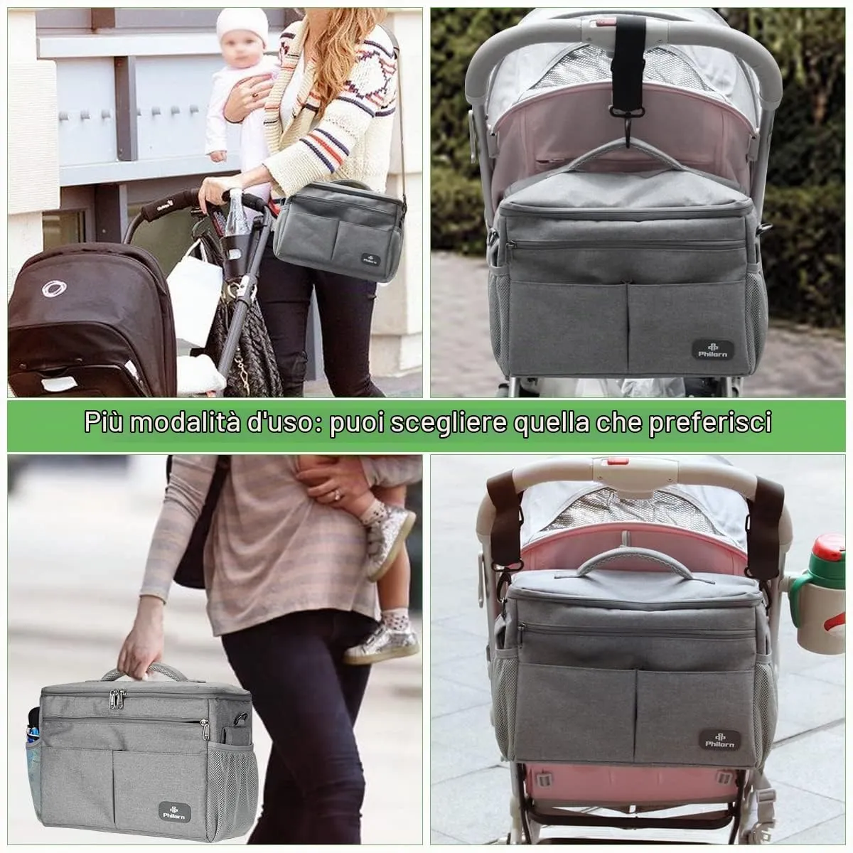 PHILORN Borsa Organizzatore per Passeggino con Portabicchieri Isolati e Tracolla - immagine 4