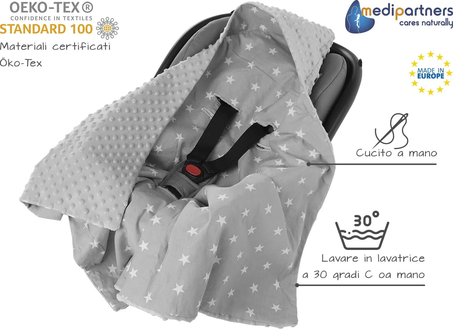 Medi Partners Coperta Neonato per Ovetto e Passeggino in Cotone e Minky 85x85cm - Stelle con Grigio Minky - immagine 3