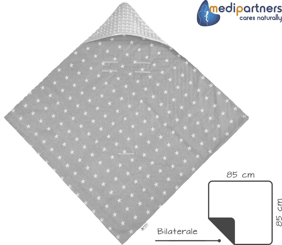 Medi Partners Coperta Neonato per Ovetto e Passeggino in Cotone e Minky 85x85cm - Stelle con Grigio Minky - immagine 4