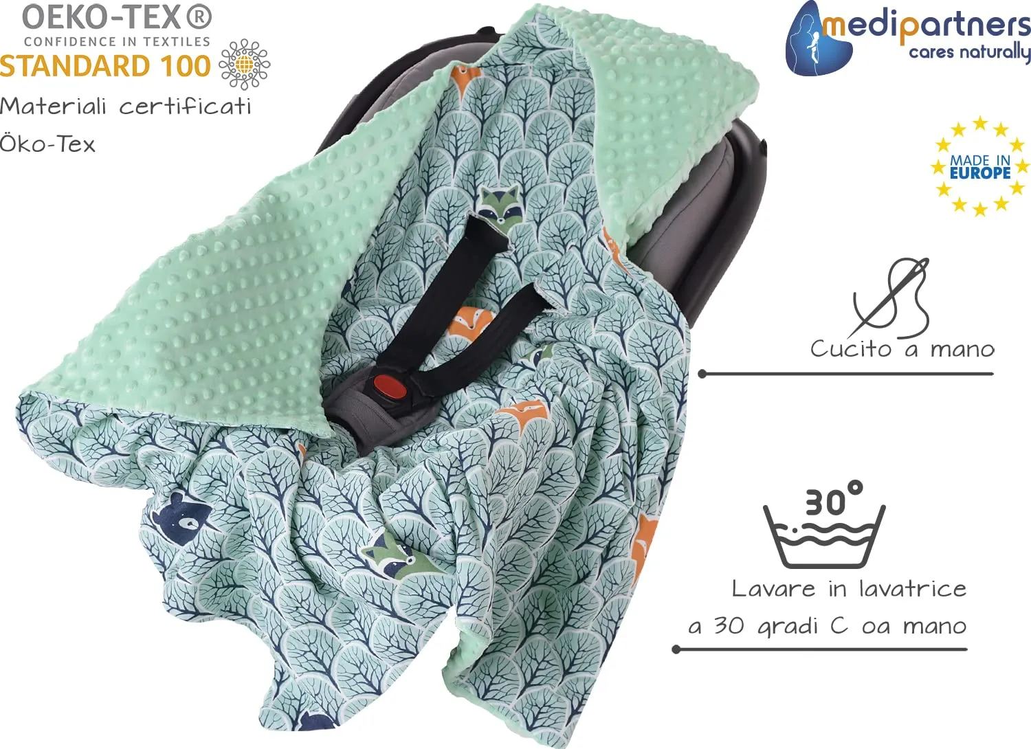 Medi Partners Coperta Neonato Ovetto e Sacco per Passeggino in Cotone e Minky, 85x85cm, Foresta Con Minzer Minky - immagine 2