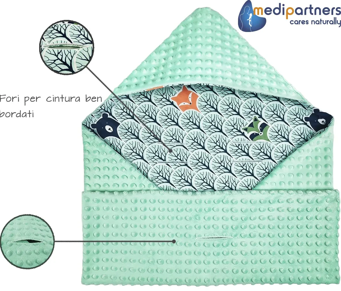 Medi Partners Coperta Neonato Ovetto e Sacco per Passeggino in Cotone e Minky, 85x85cm, Foresta Con Minzer Minky - immagine 5
