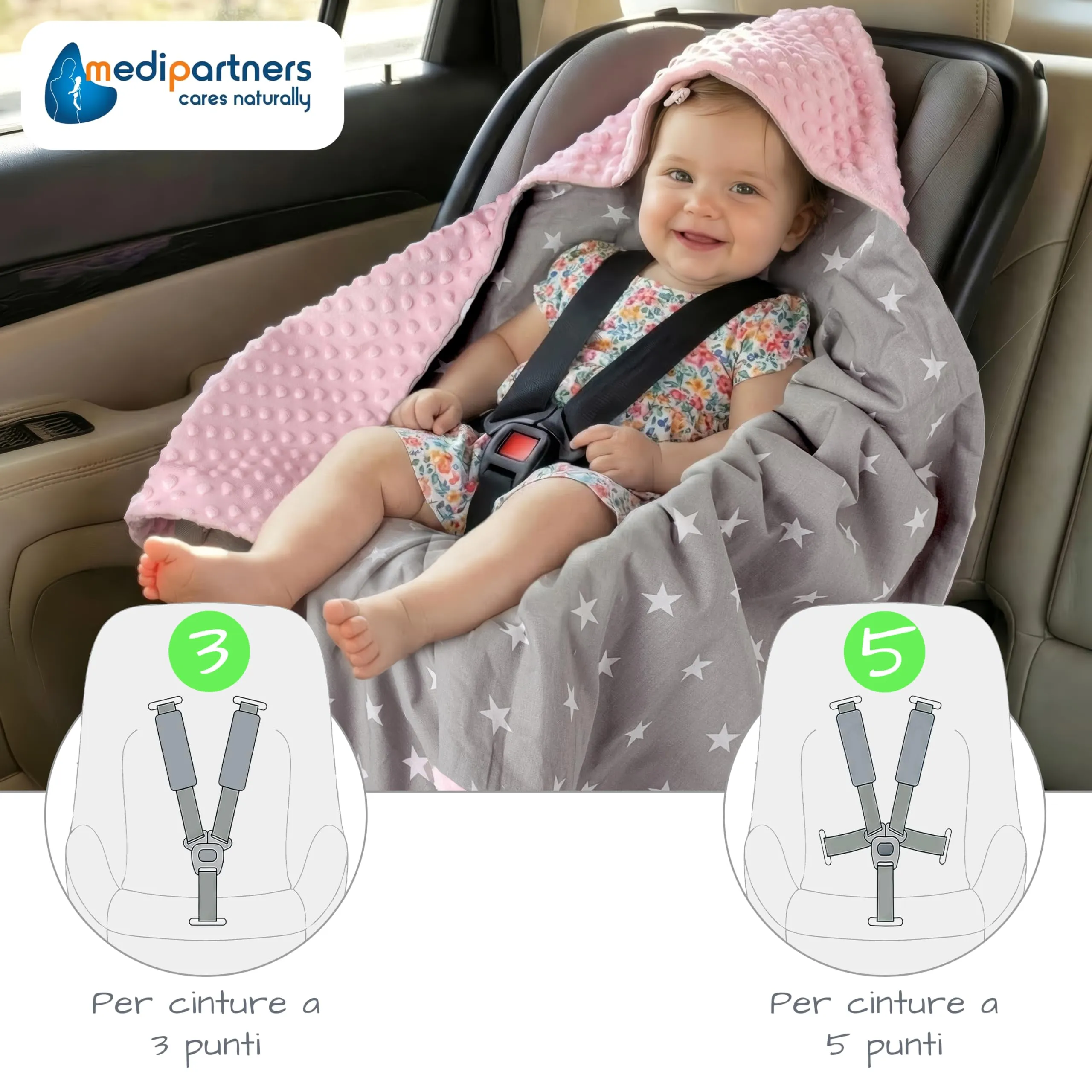 Medi Partners Coperta Neonato per Ovetto e Passeggino 100% Cotone 85x85cm Stelle bianche con rosa chiaro Minky - immagine 2