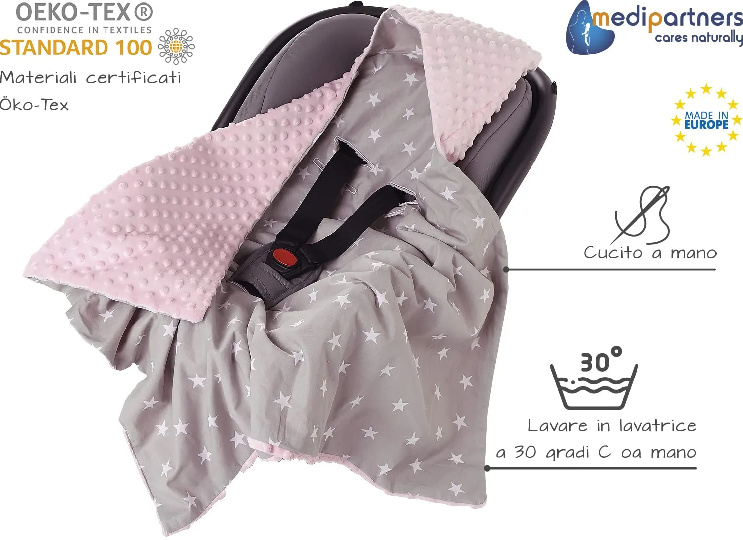 Medi Partners Coperta Neonato per Ovetto e Passeggino 100% Cotone 85x85cm Stelle bianche con rosa chiaro Minky - immagine 3