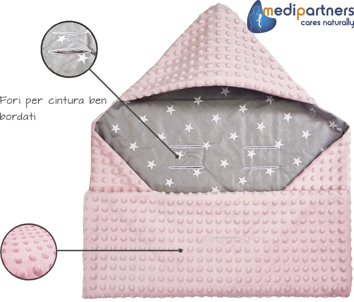 Medi Partners Coperta Neonato per Ovetto e Passeggino 100% Cotone 85x85cm Stelle bianche con rosa chiaro Minky - immagine 5