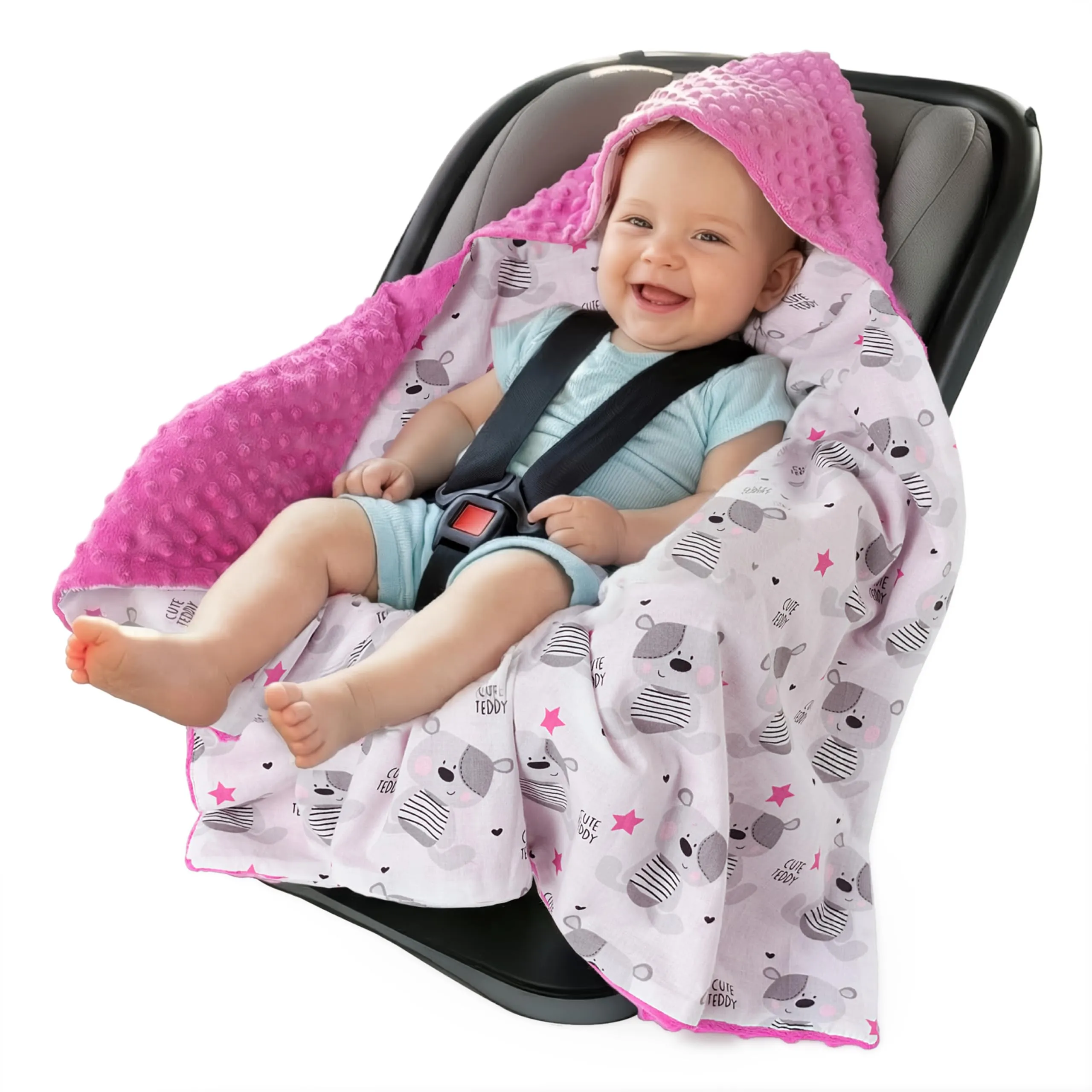 Medi Partners Coperta Neonato per Ovetto e Passeggino, 100% Cotone e Minky, 85x85cm, Teddy Con Rosa Scuro - immagine 1