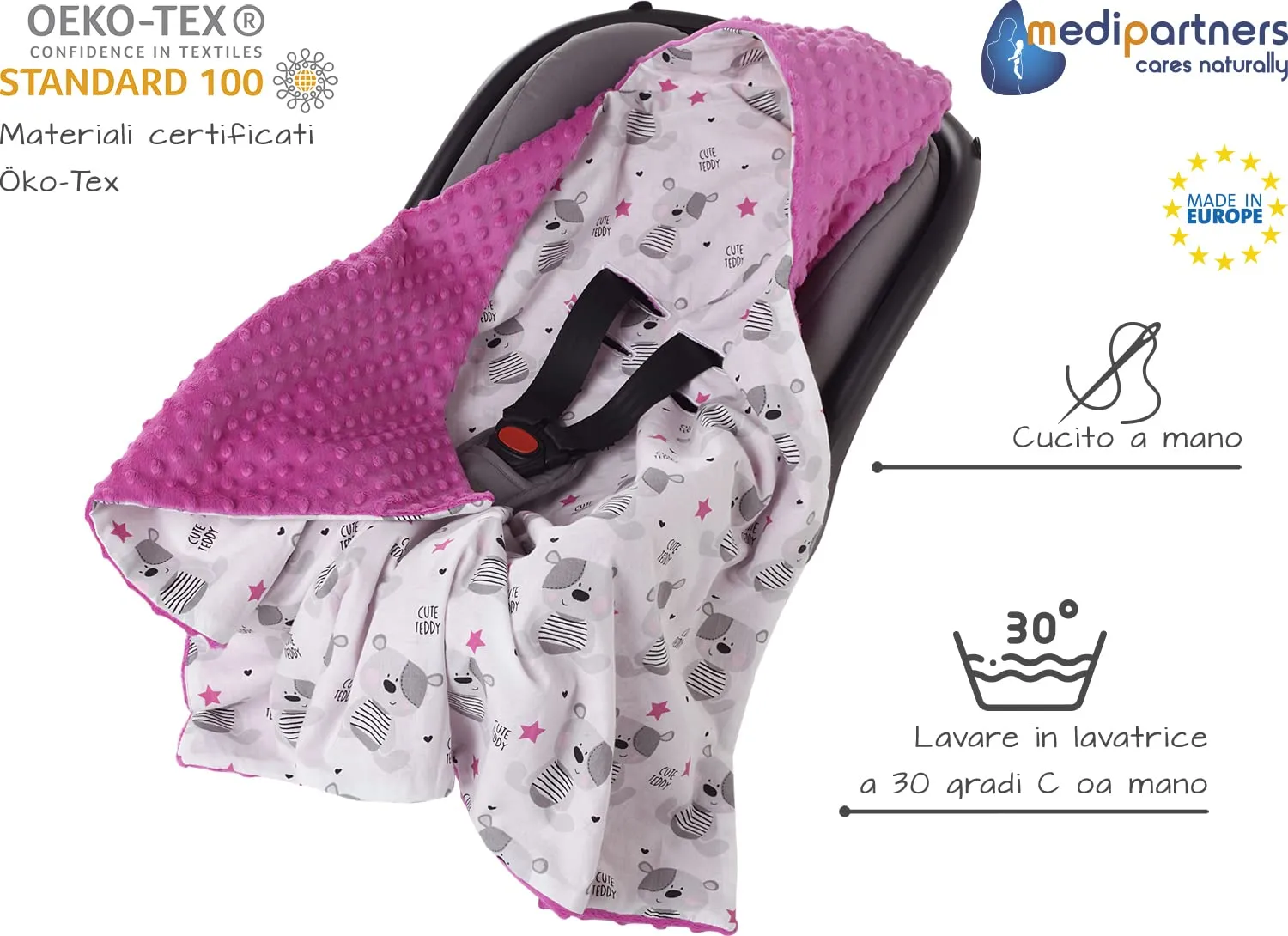 Medi Partners Coperta Neonato per Ovetto e Passeggino, 100% Cotone e Minky, 85x85cm, Teddy Con Rosa Scuro - immagine 3
