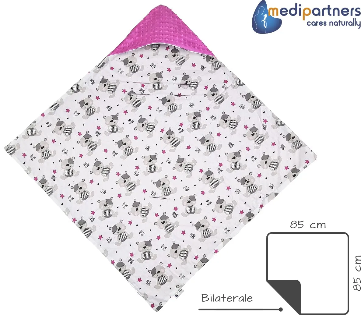 Medi Partners Coperta Neonato per Ovetto e Passeggino, 100% Cotone e Minky, 85x85cm, Teddy Con Rosa Scuro - immagine 4