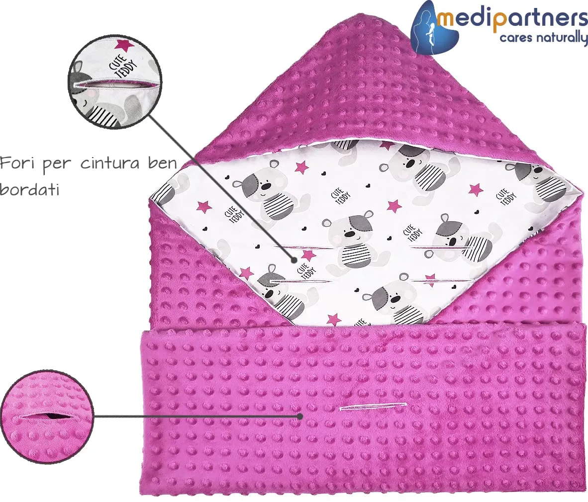 Medi Partners Coperta Neonato per Ovetto e Passeggino, 100% Cotone e Minky, 85x85cm, Teddy Con Rosa Scuro - immagine 5