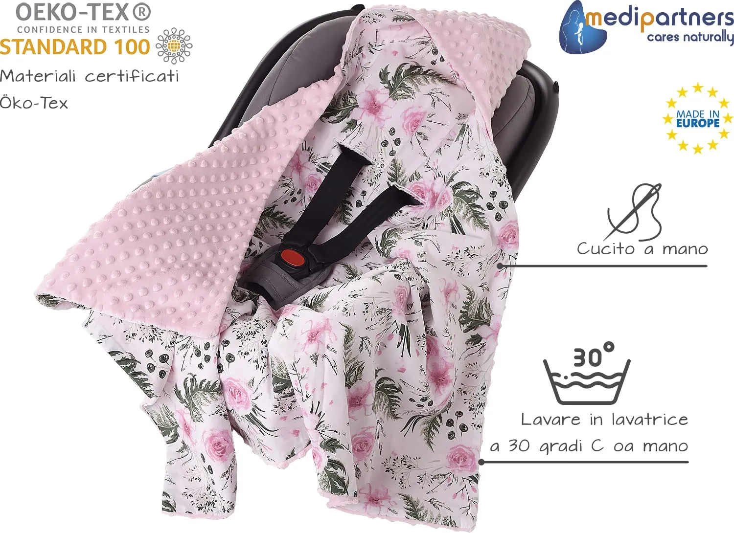 Medi Partners Coperta Neonato Ovetto e Passeggino in Cotone e Minky 85x85cm - Fiore Con Rosa Chiaro - immagine 3