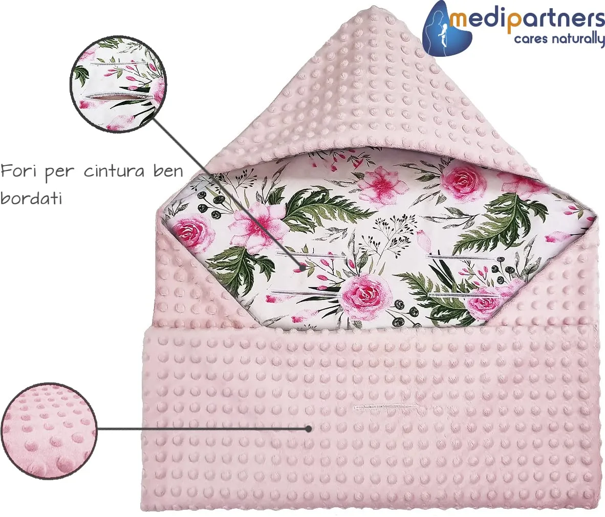 Medi Partners Coperta Neonato Ovetto e Passeggino in Cotone e Minky 85x85cm - Fiore Con Rosa Chiaro - immagine 5