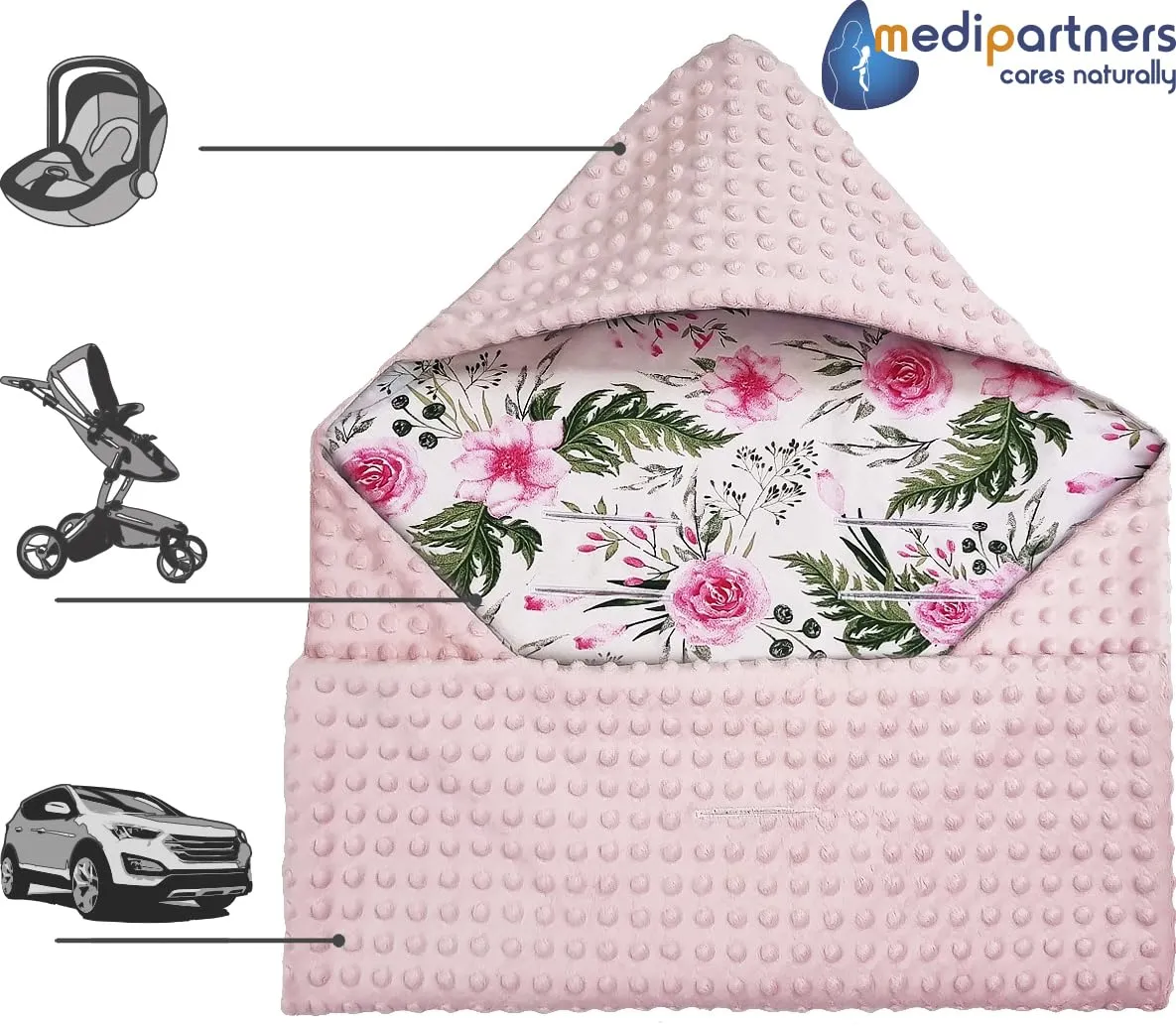 Medi Partners Coperta Neonato Ovetto e Passeggino in Cotone e Minky 85x85cm - Fiore Con Rosa Chiaro - immagine 7