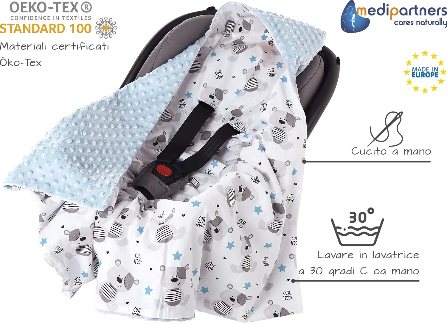 Medi Partners Coperta Neonato Ovetto e Passeggino in Cotone e Minky, 85x85cm, Teddy con Azzurro Minky - immagine 2