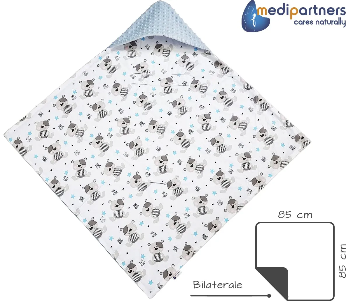 Medi Partners Coperta Neonato Ovetto e Passeggino in Cotone e Minky, 85x85cm, Teddy con Azzurro Minky - immagine 3
