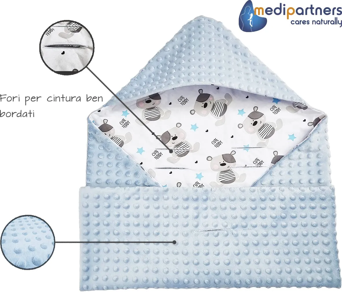 Medi Partners Coperta Neonato Ovetto e Passeggino in Cotone e Minky, 85x85cm, Teddy con Azzurro Minky - immagine 4