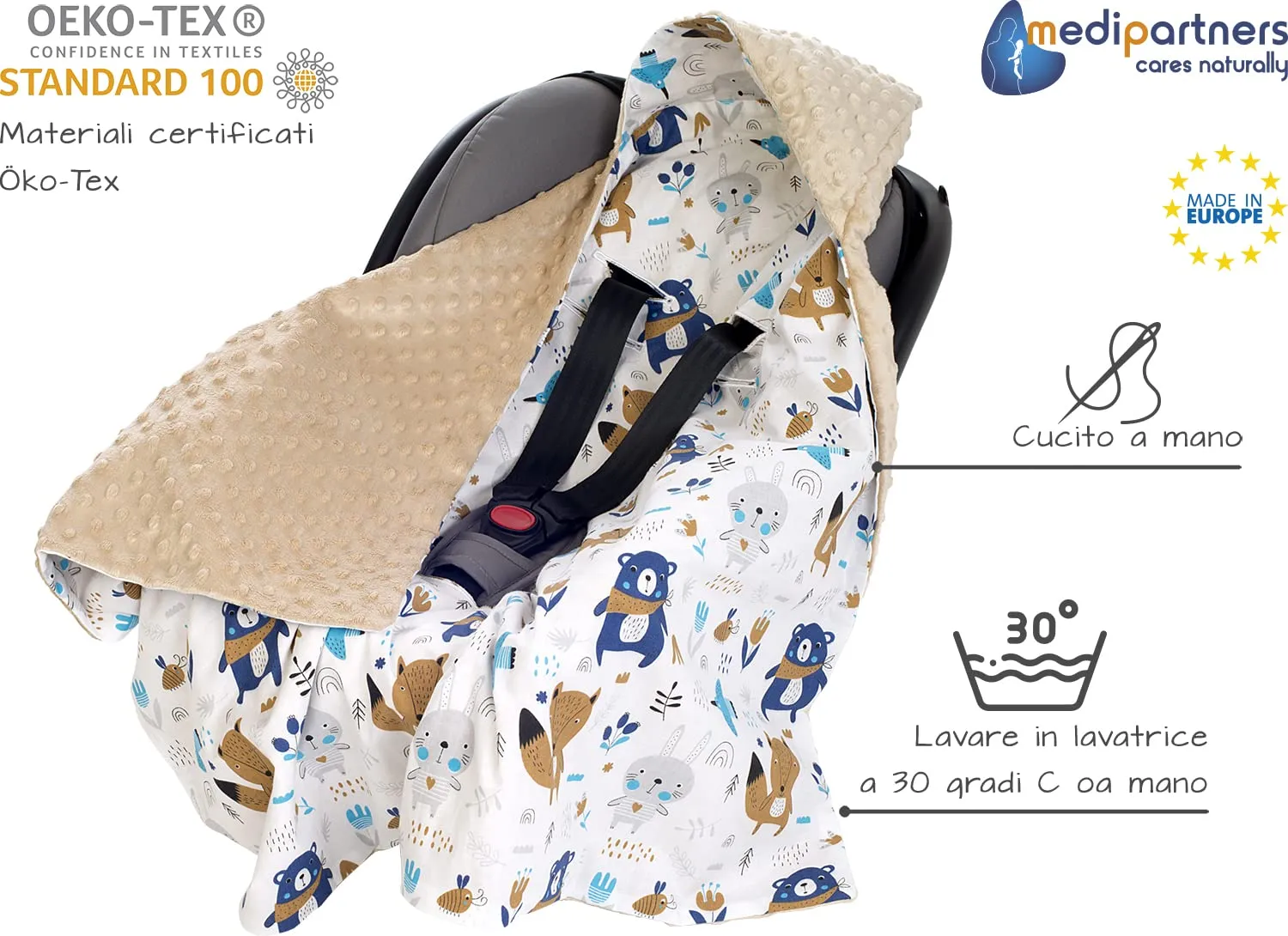 Medi Partners Coperta Neonato Universale 85x85cm in Cotone e Minky - Boho con Beige - immagine 3