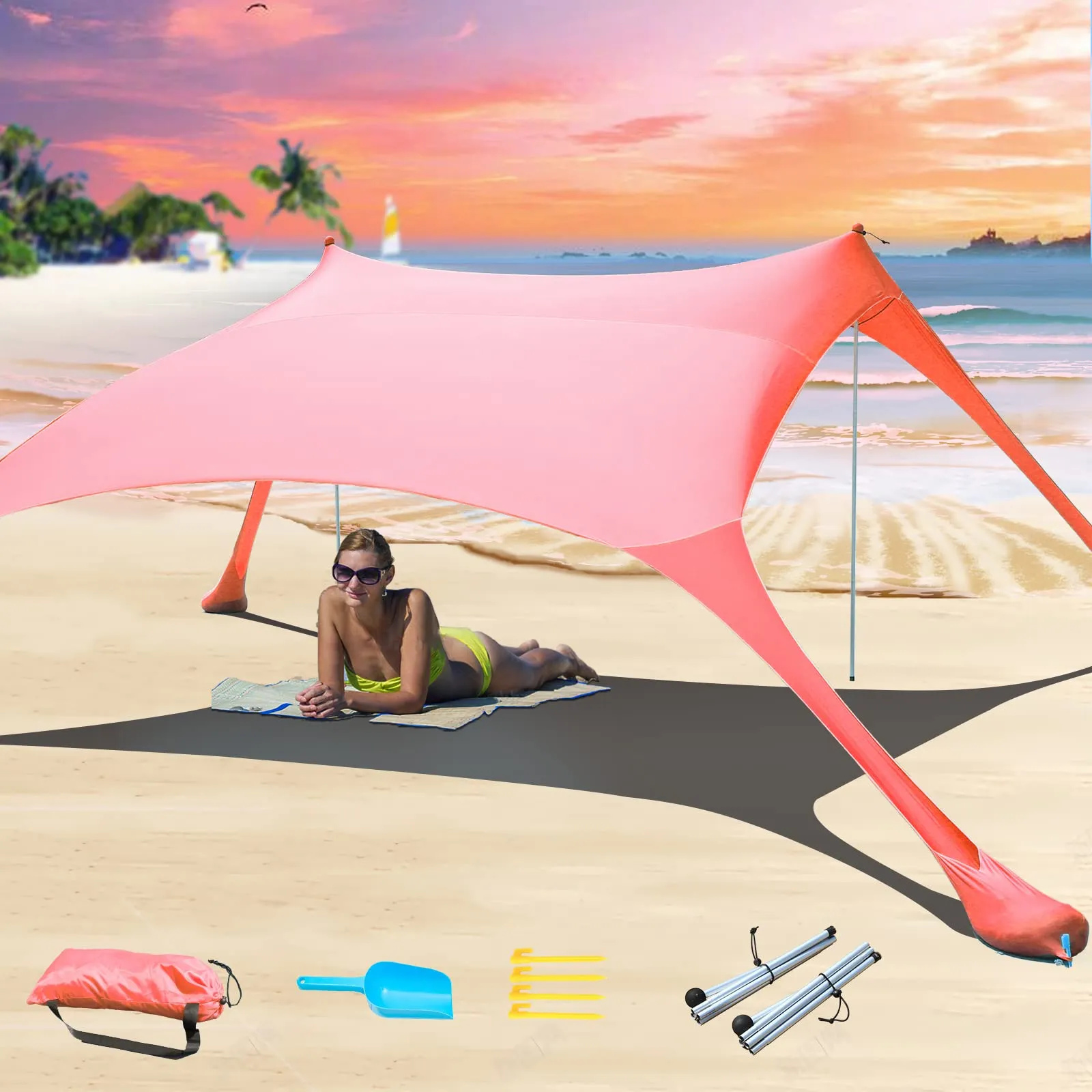 CUUPO Tenda da Spiaggia con Protezione UV UPF50+, 2 Pali, Rosso - immagine 1