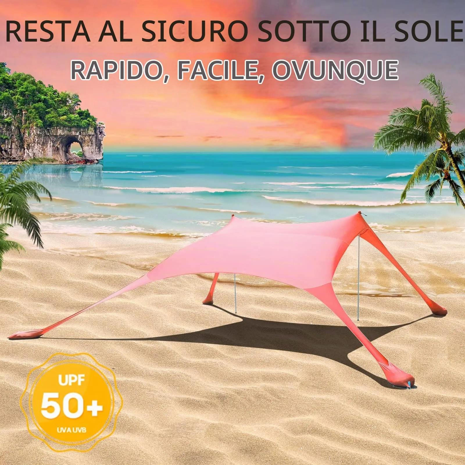CUUPO Tenda da Spiaggia con Protezione UV UPF50+, 2 Pali, Rosso - immagine 4