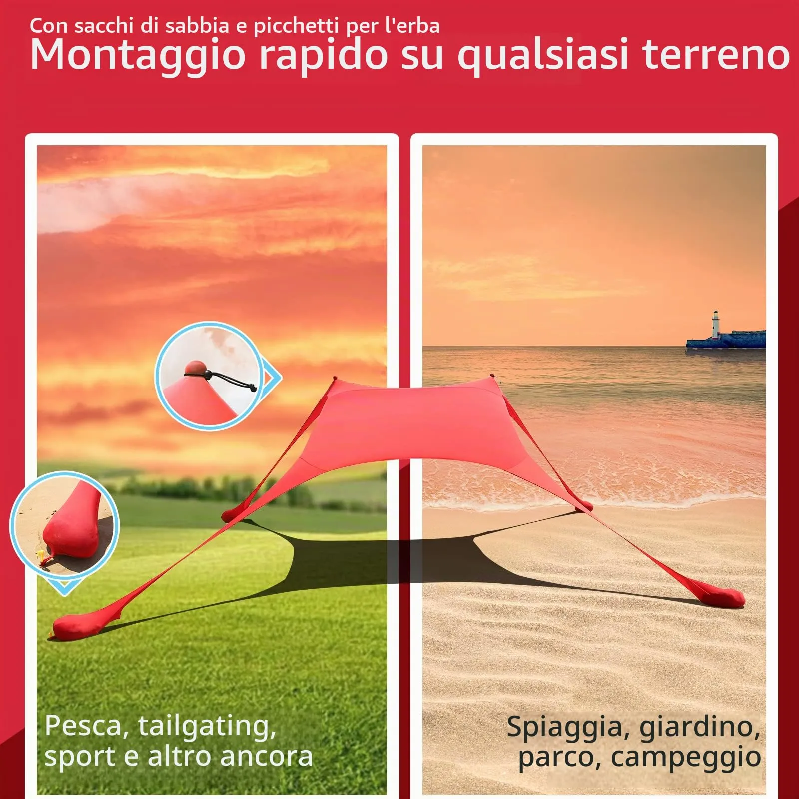 CUUPO Tenda da Spiaggia con Protezione UV UPF50+, 2 Pali, Rosso - immagine 5