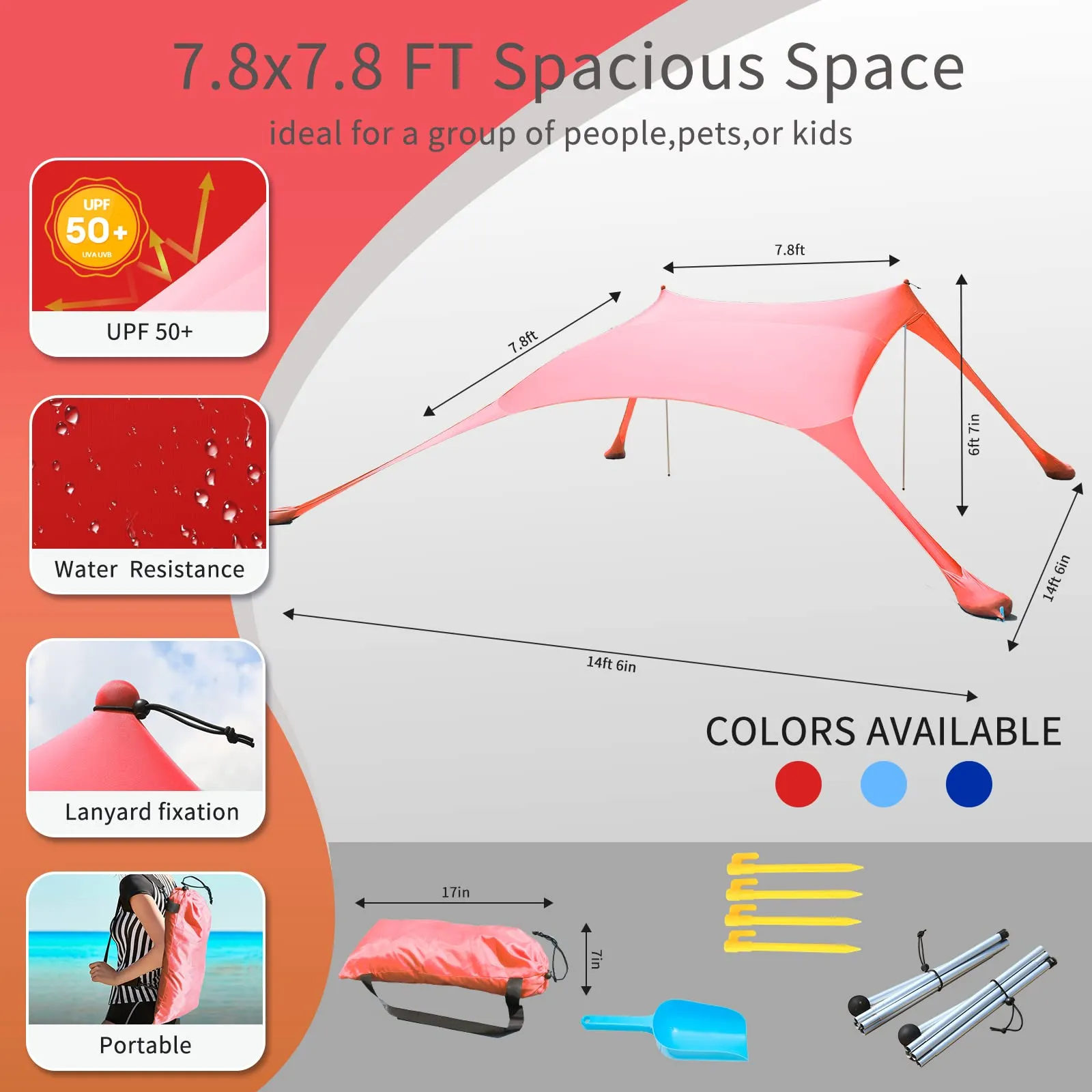 CUUPO Tenda da Spiaggia con Protezione UV UPF50+, 2 Pali, Rosso - immagine 6