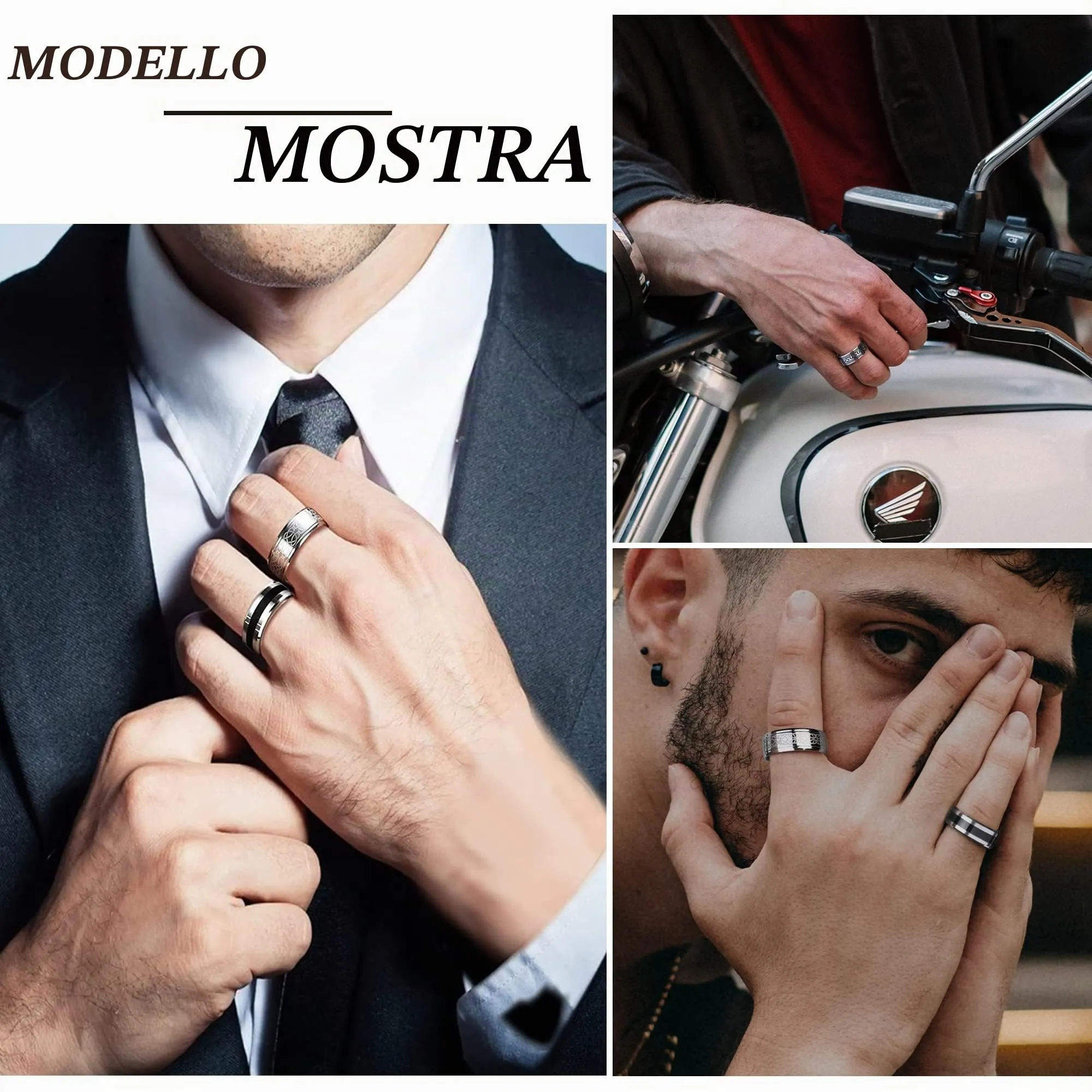 JeweBella Set di 7 Anelli da Uomo in Acciaio Inossidabile Argentato - immagine 3