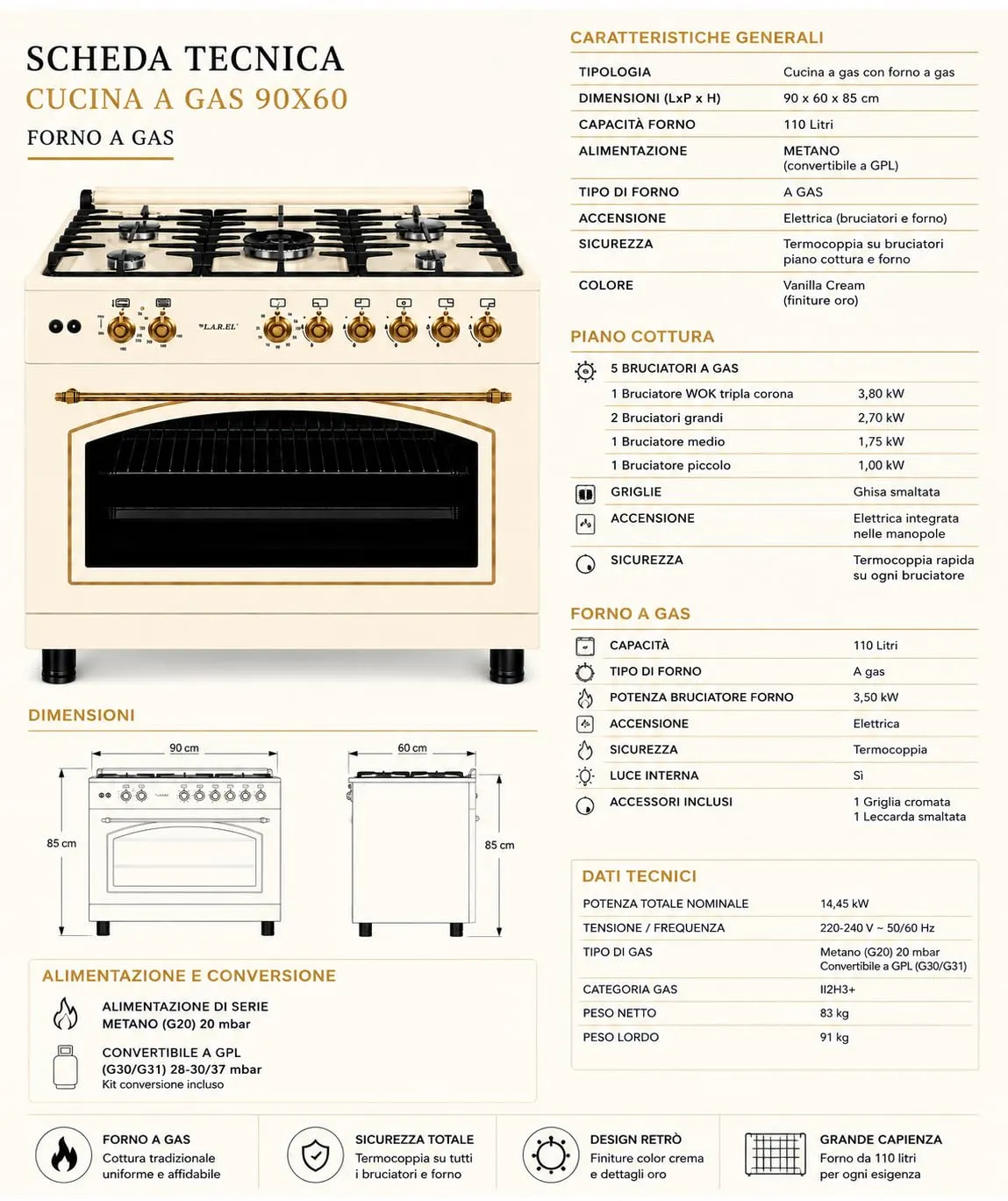 Lar.el Cucina Rustica 90x60 cm con Forno a Gas, 5 Fuochi, Griglie in Ghisa e Accensione Elettronica (Metano/GPL) - CUC.L90GR - immagine 7