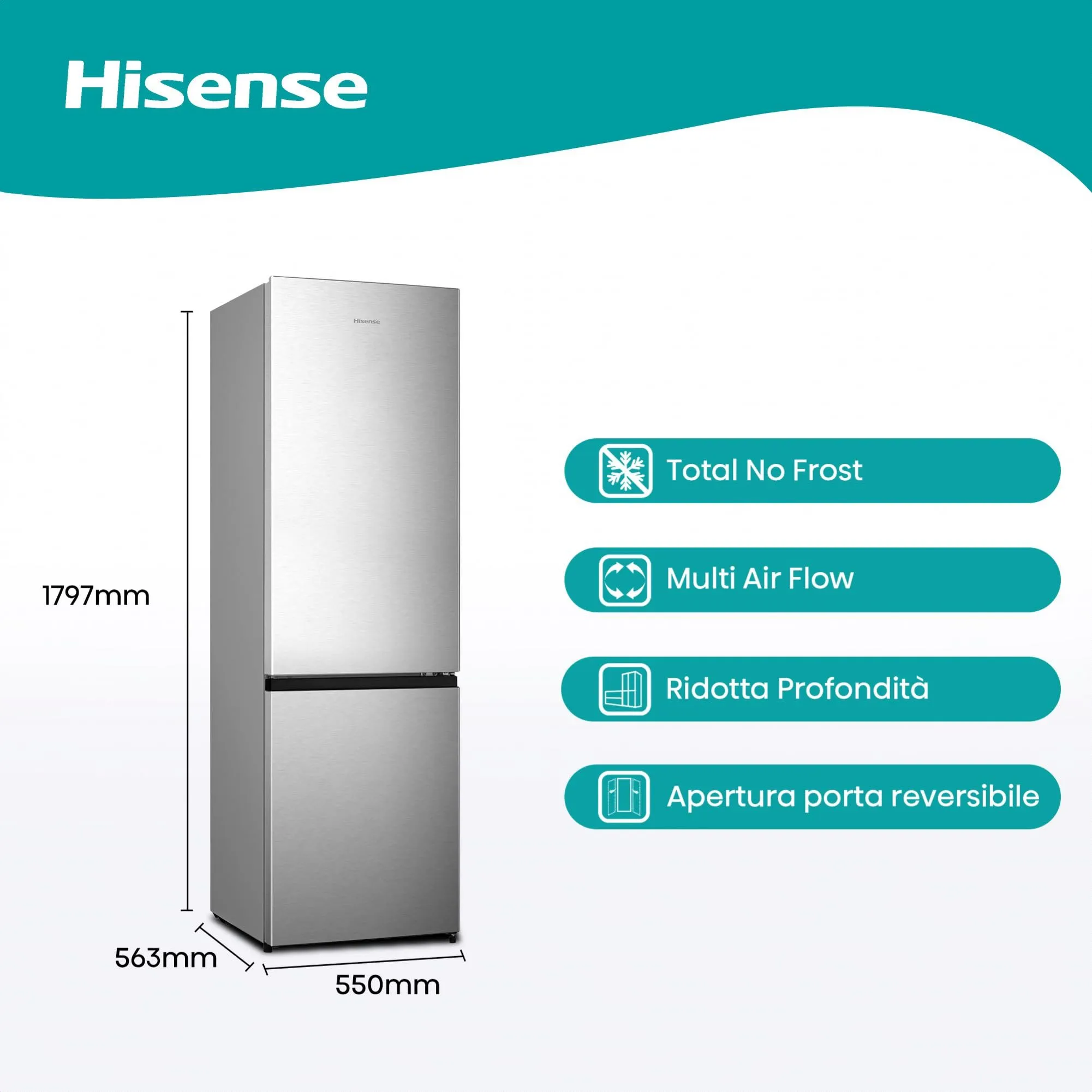 Hisense RB329N4ACE Frigorifero Combinato Total No Frost, Inox, 180 cm, 255 L - immagine 3