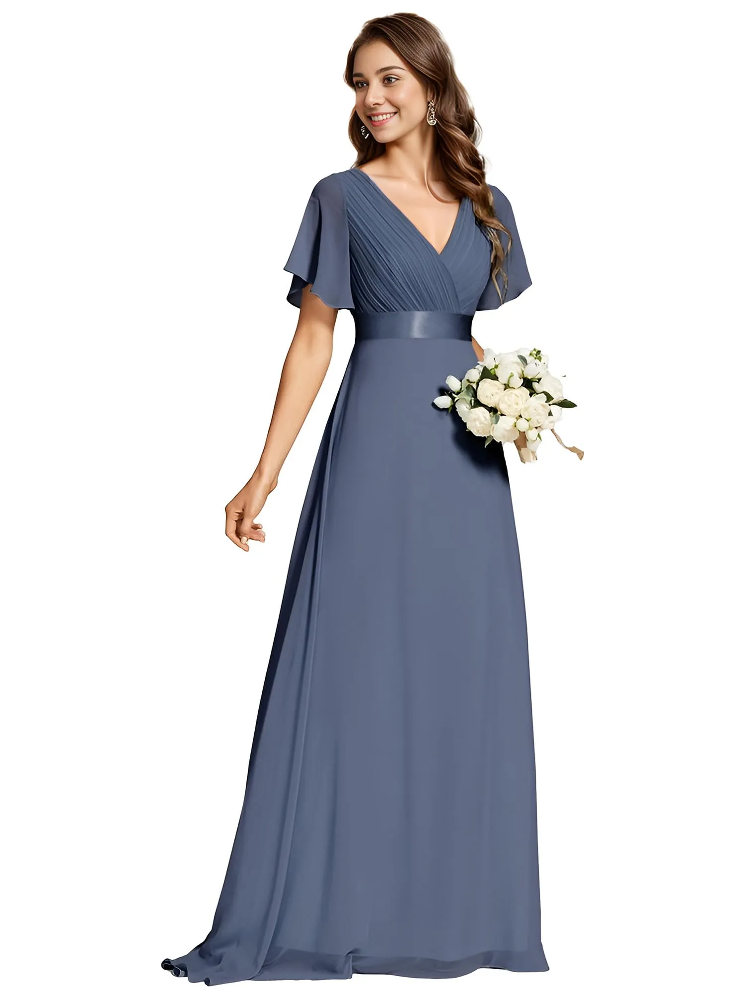 Ever-Pretty Vestito da Cerimonia Donna Scollo a V Linea ad A con Spacco Blu Tempesta 38 - immagine 1