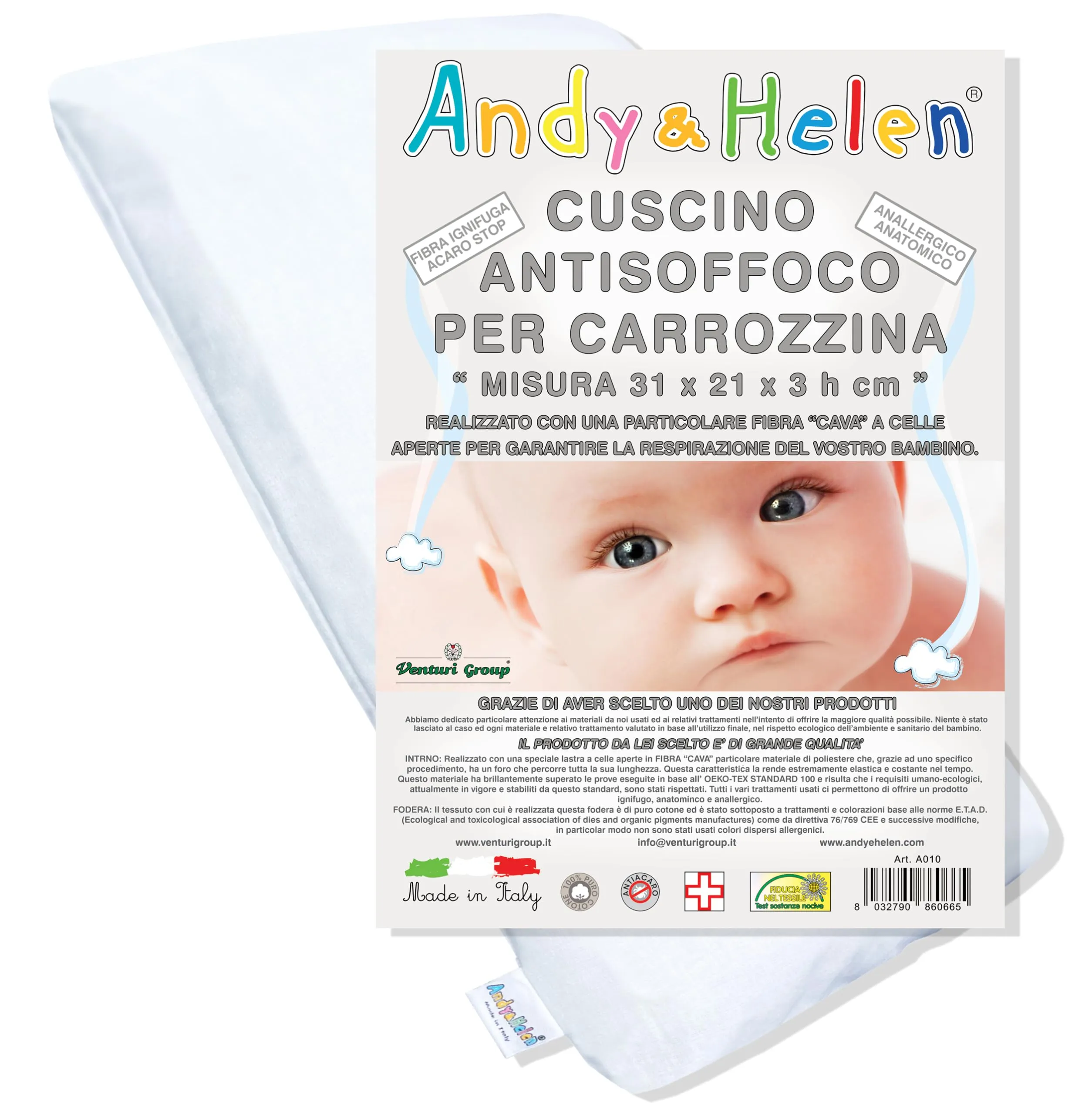 Andy & Helen Cuscino Culla e Carrozzina Antisoffoco in Cotone OEKO-TEX, 31x21x3 cm - immagine 1