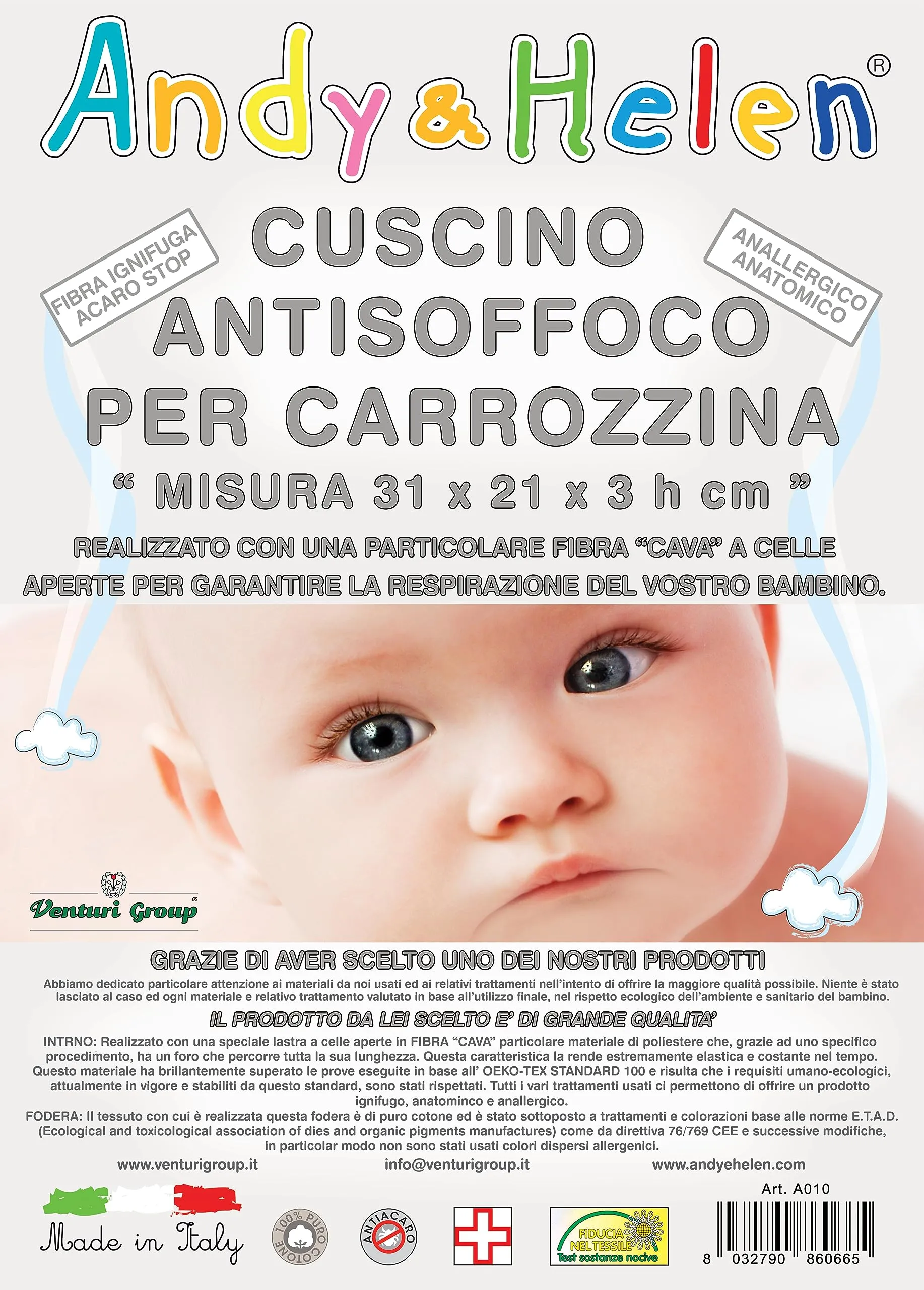 Andy & Helen Cuscino Culla e Carrozzina Antisoffoco in Cotone OEKO-TEX, 31x21x3 cm - immagine 8