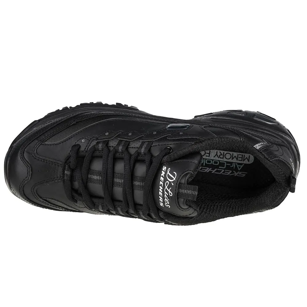 Skechers D'Lites Fresh Start Women's Shoes - Black Leather Mesh Charcoal Trim Yellow BBK - immagine 3