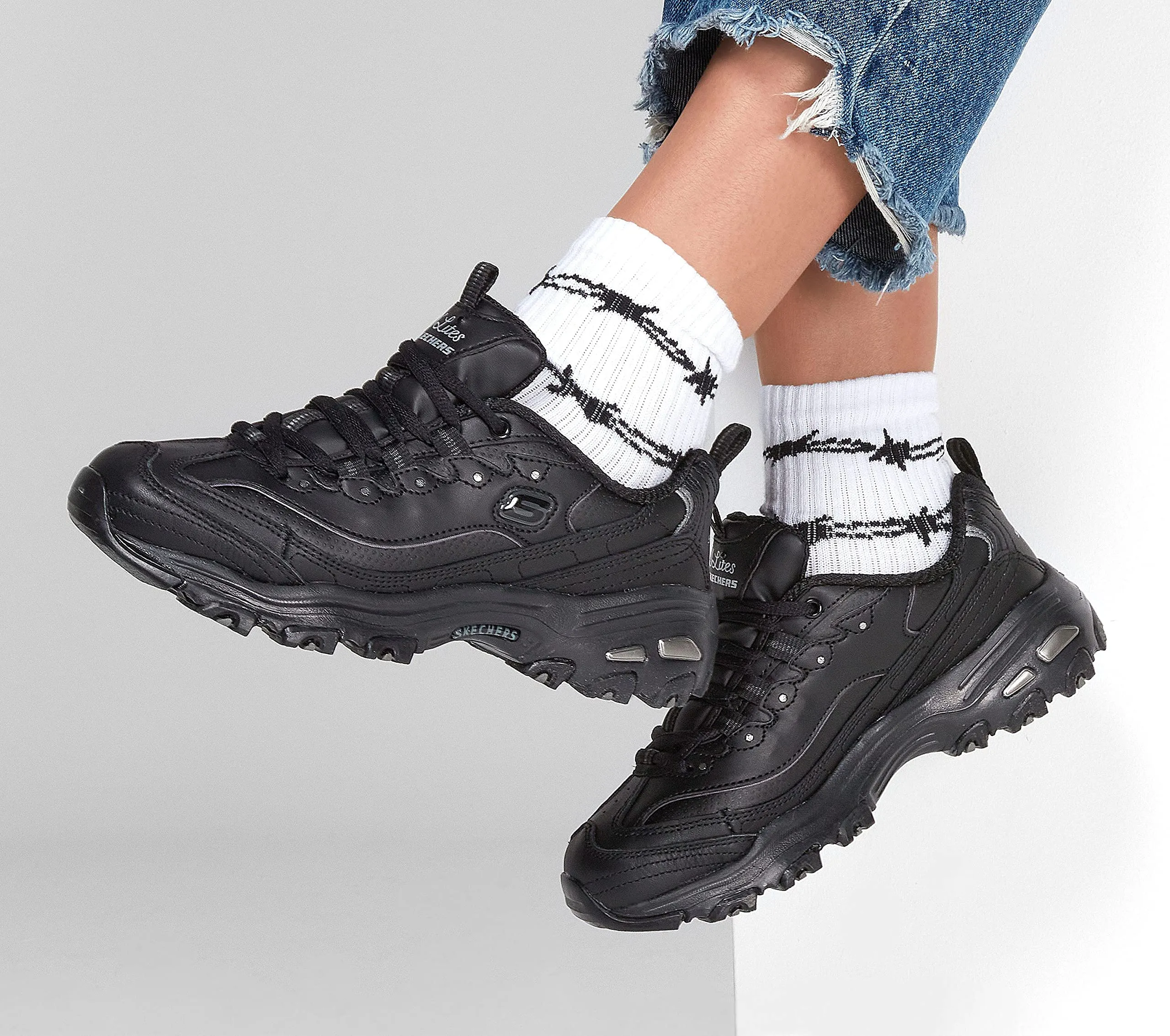Skechers D'lites Fresh Start Women's Shoes - Black Leather Mesh Charcoal Trim Yellow BBK - 42 EU - immagine 2