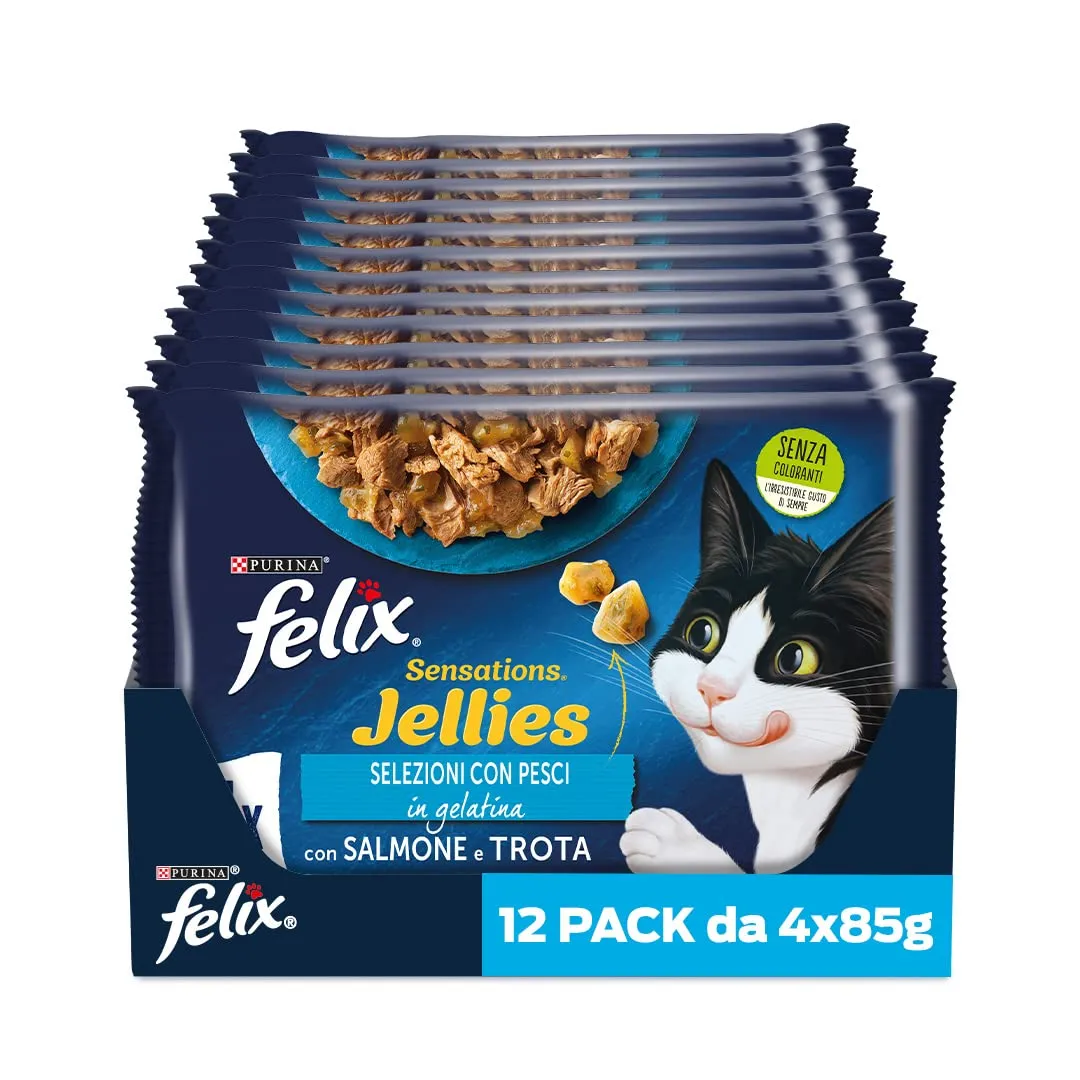 Felix Sensations Jellies Salmone e Trota in gelatina con spinaci e gamberetti, Cibo Umido per Gatti Adulti, 85g - immagine 1