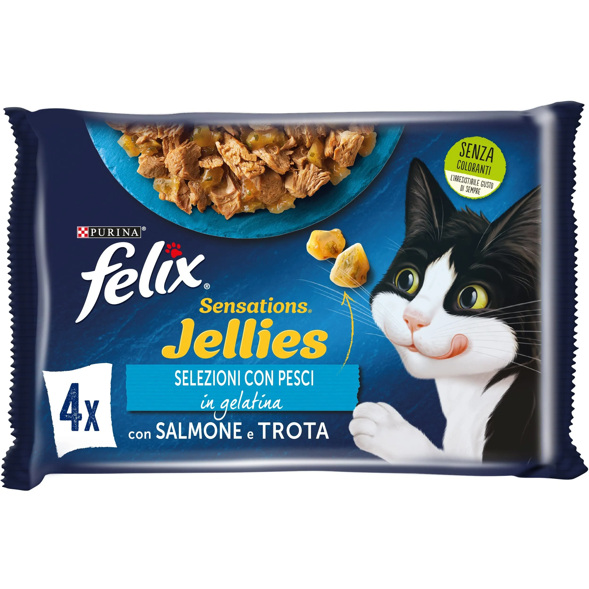 Felix Sensations Jellies Salmone e Trota in gelatina con spinaci e gamberetti, Cibo Umido per Gatti Adulti, 85g - immagine 2