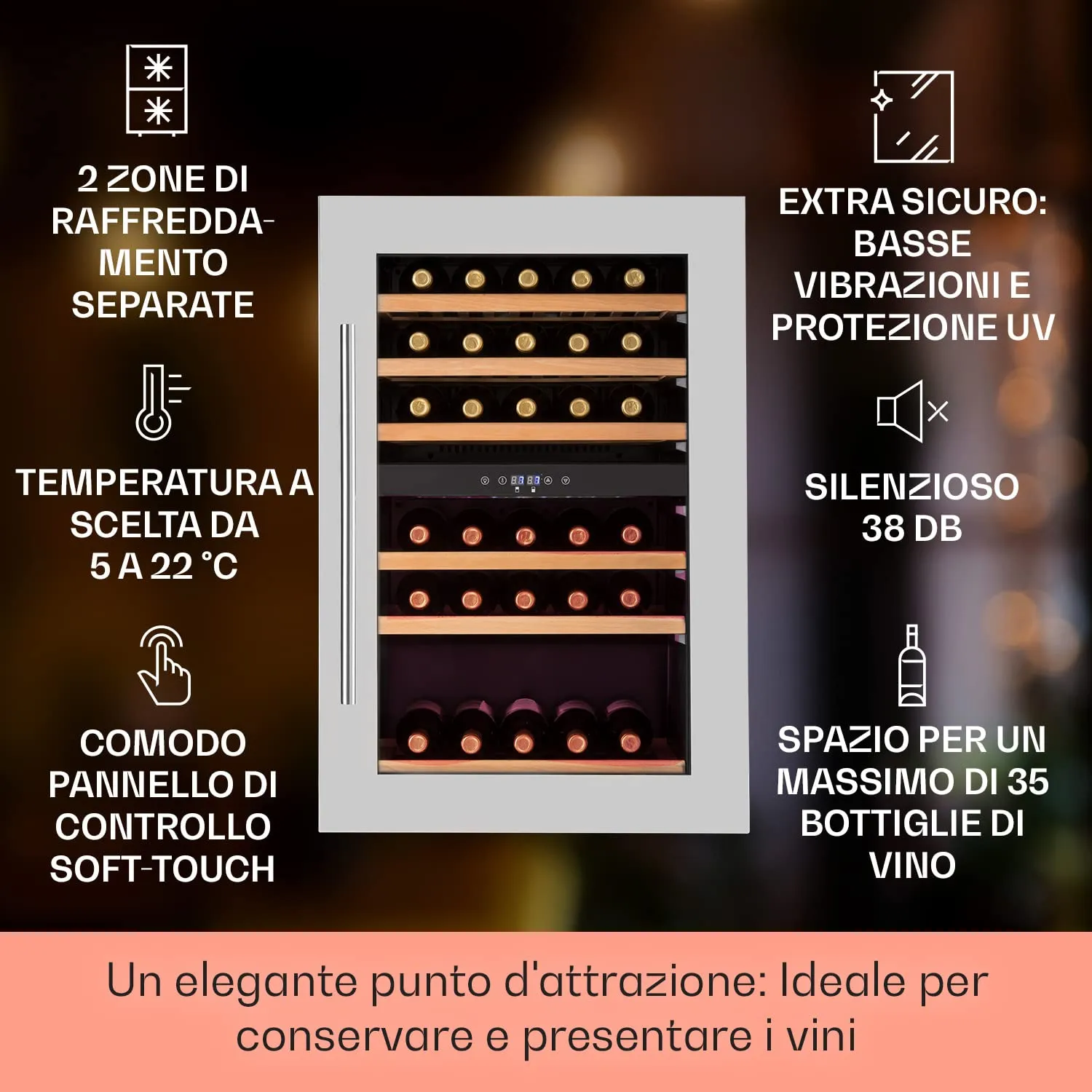 Klarstein Cantinetta Vino Design da Incasso, Zona Doppia, 132L, 35 Bottiglie - immagine 2