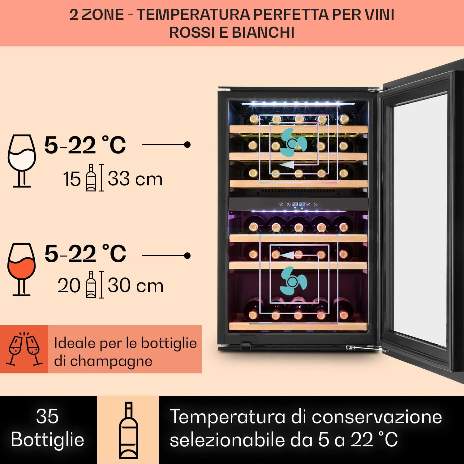 Klarstein Cantinetta Vino Design da Incasso, Zona Doppia, 132L, 35 Bottiglie - immagine 3
