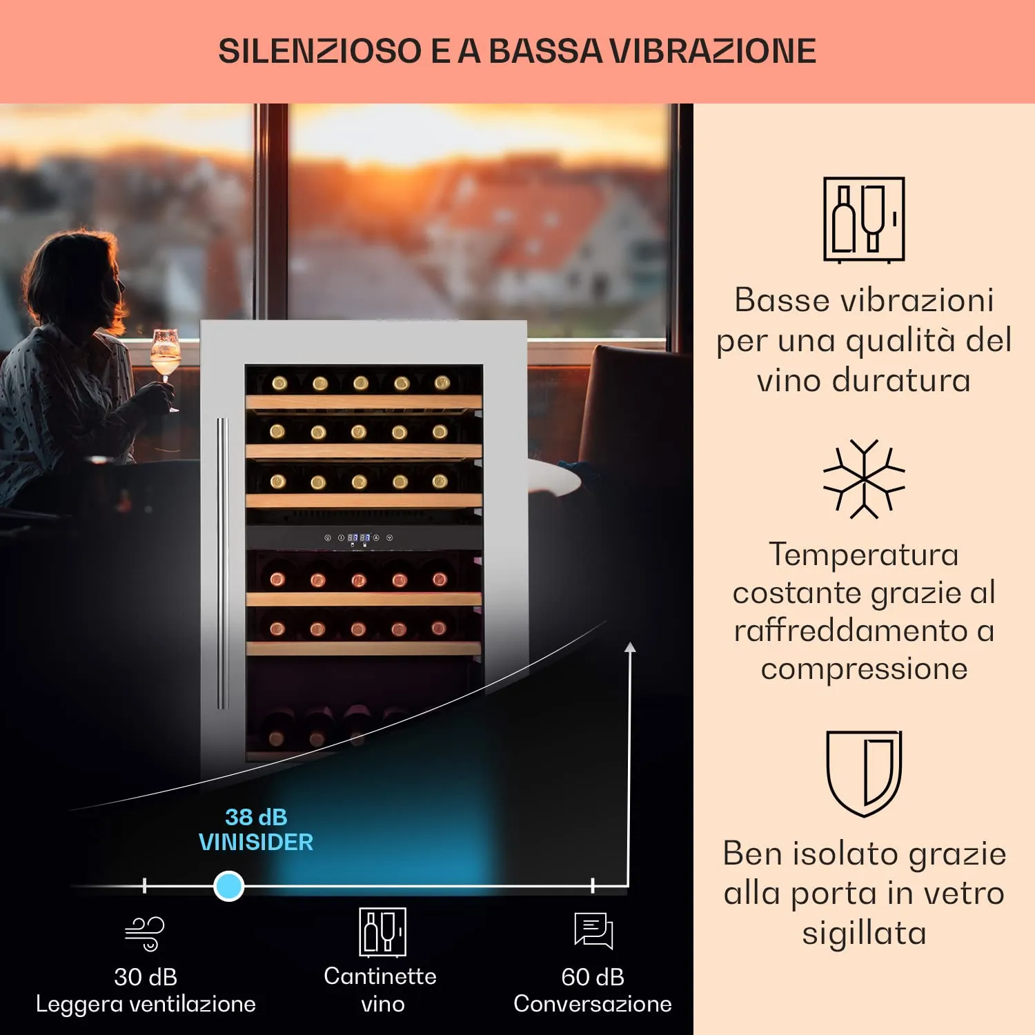 Klarstein Cantinetta Vino Design da Incasso, Zona Doppia, 132L, 35 Bottiglie - immagine 4