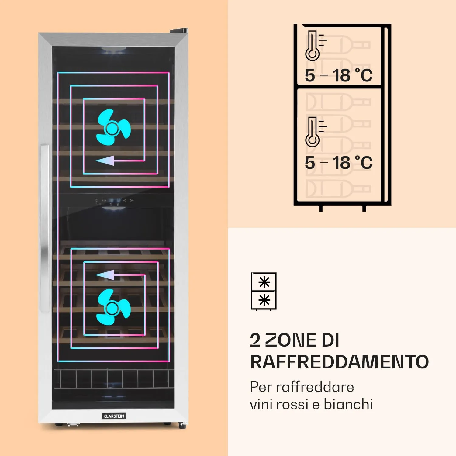 Klarstein Cantinetta Vino a Zona Doppia, Frigo Bar con Vetrina e Protezione UV, 5-18°C, 54 Bottiglie - immagine 3