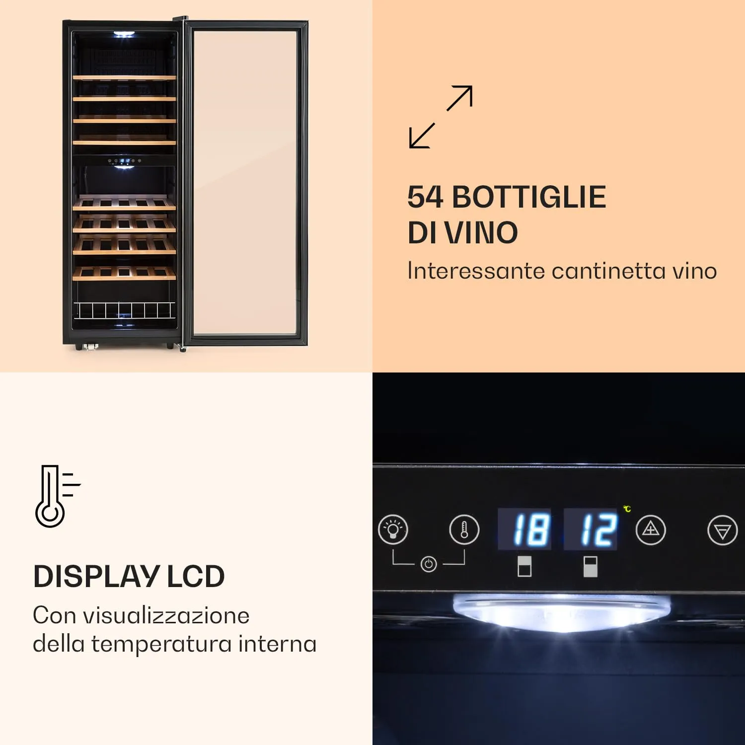 Klarstein Cantinetta Vino a Zona Doppia, Frigo Bar con Vetrina e Protezione UV, 5-18°C, 54 Bottiglie - immagine 4