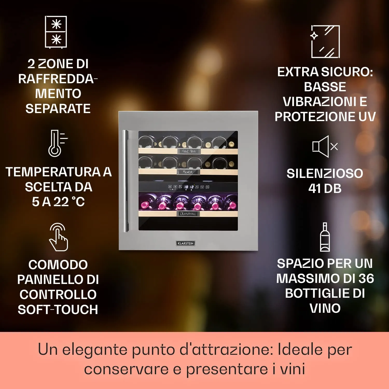Klarstein Cantinetta Vino Design, Zona Doppia, Controlli Touch, 85L, 36 Bottiglie - immagine 2
