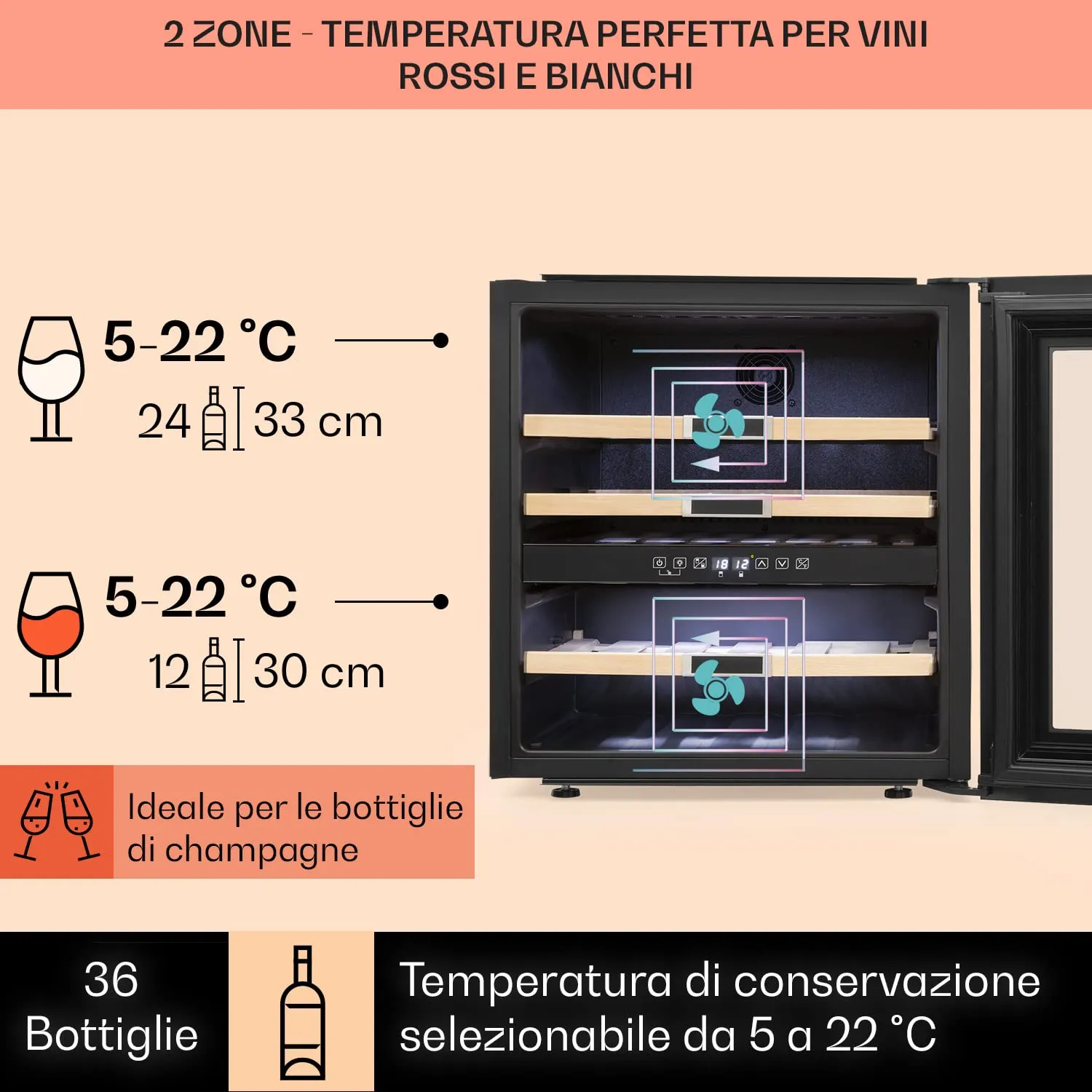 Klarstein Cantinetta Vino Design, Zona Doppia, Controlli Touch, 85L, 36 Bottiglie - immagine 3