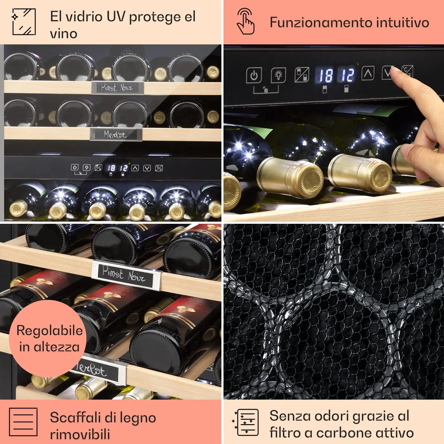 Klarstein Cantinetta Vino Design, Zona Doppia, Controlli Touch, 85L, 36 Bottiglie - immagine 5