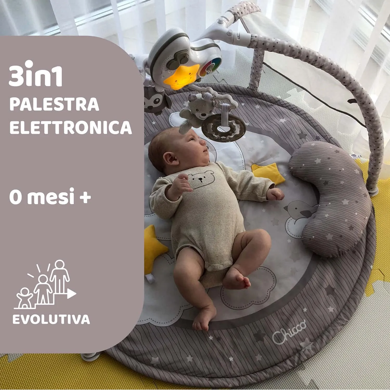 Chicco Palestrina dei Colori 3in1 Beige - Palestrina Neonato Multifunzione Elettronica con Tappeto, Proiettore Stelle, Luce Notturna e Melodie - immagine 3