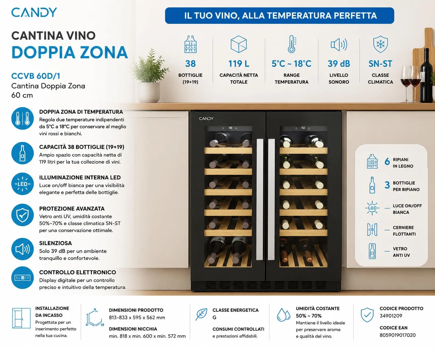 Candy Cantinetta Vino 38 Bottiglie, Doppia Zona, Classe G - immagine 2