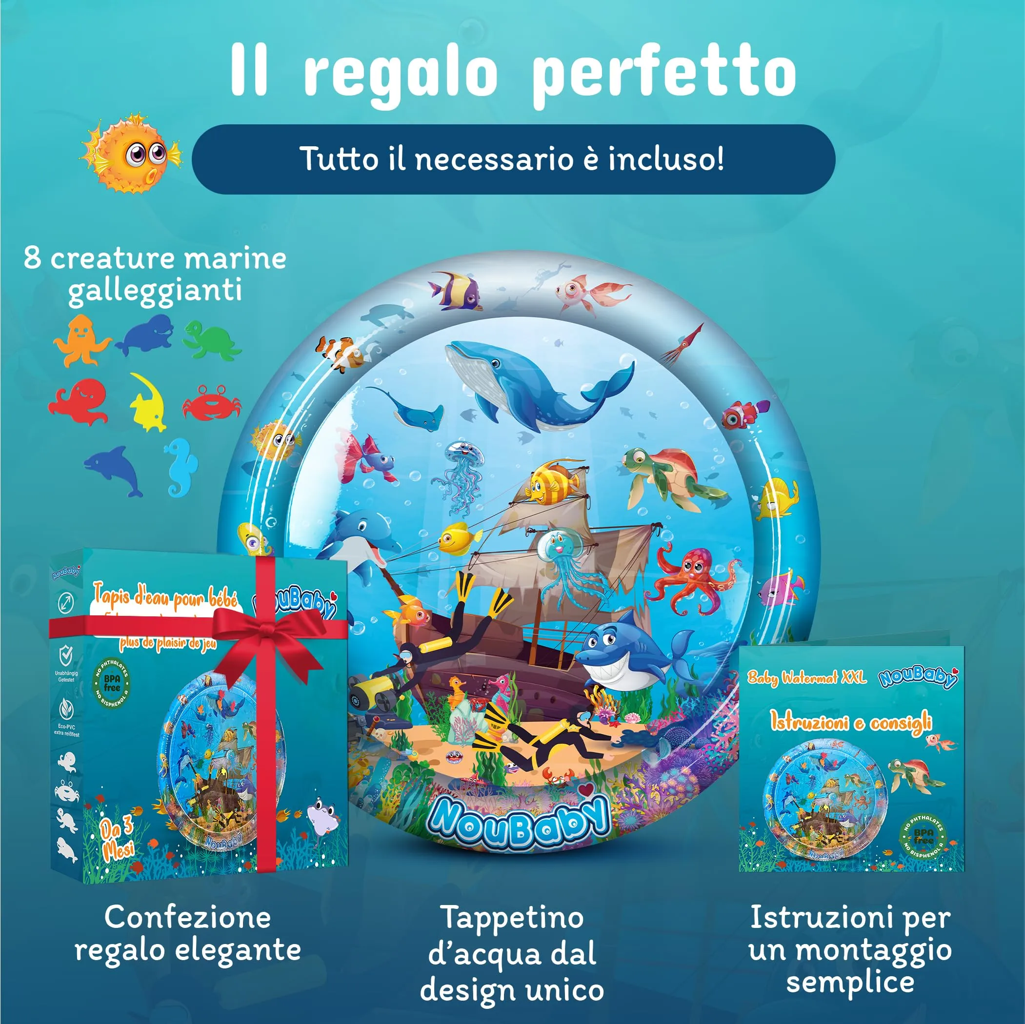 NouBaby Tappetino e Cuscino Tummy Time ad Acqua XXL per Neonati 0-6 Mesi - immagine 4