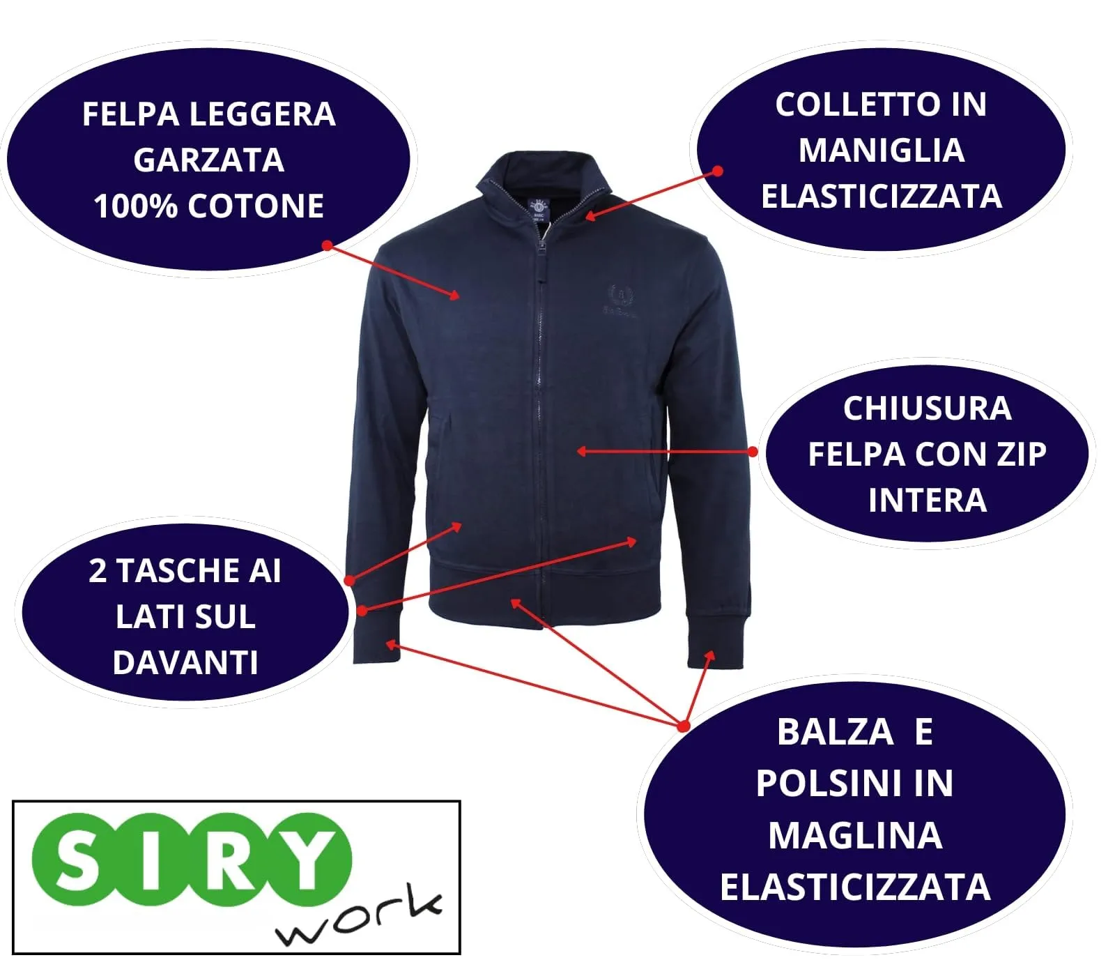 Siry Work Be Board Felpa Leggera Art. 9114 100% Cotone con Tasche e Zip Intera M Blu - immagine 2